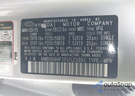 2015 Hyundai Santa Fe Gls z USA, uszkodzony, nr VIN KM8SR4HF1FU123351